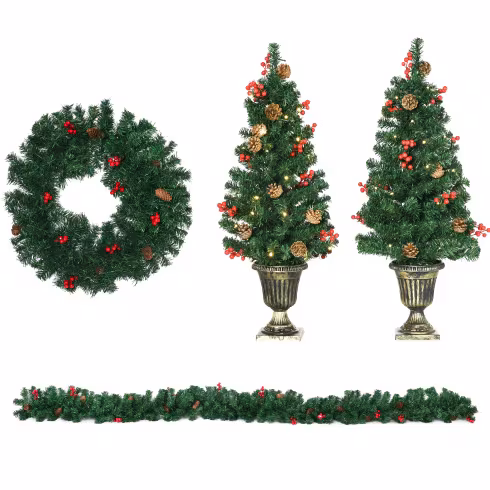 HOMCOM Prelit Holiday Christmas 4-Piece Set, Garland Wreath And Set Of 2 Entrance Trees With Warm White LED Lights, Red Berries, Pine Cones, Green
