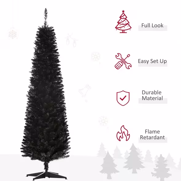 6 Ft Artificial Pencil Christmas Tree, Slim Xmas Tree With 390 Realistic Branch Tips And Plastic Stand, Black