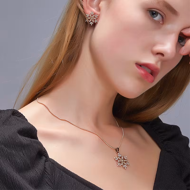 3pcs Snowflake Necklace Set With Rhinestones Earrings And Clavicle Chain Pendant Necklace Valentine's Day Gift