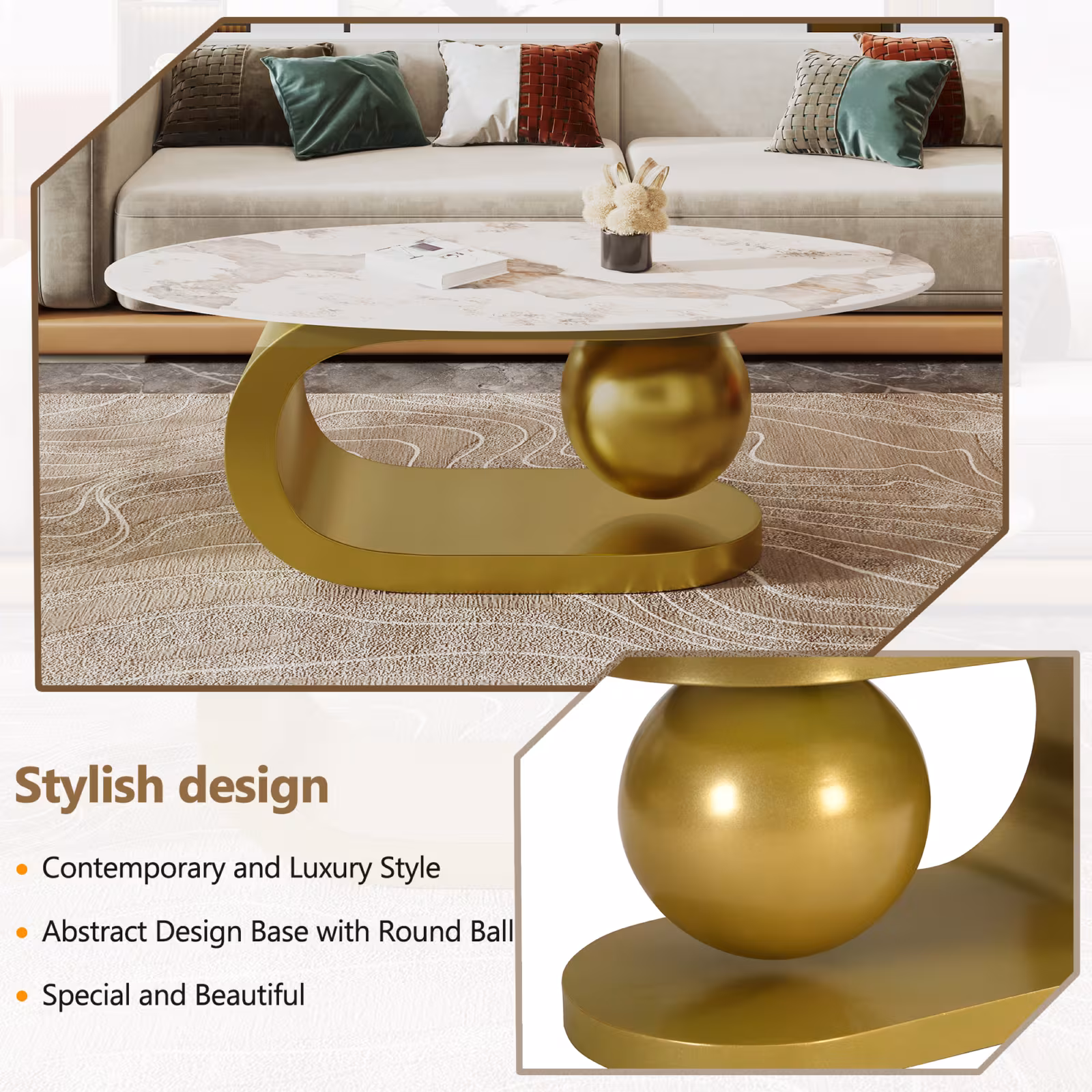 Modern Oval Coffee Table For Living Room, Marble Pattern Sintered Stone Coffee Tabletop With Gold Stainless Steel Base In 47.2