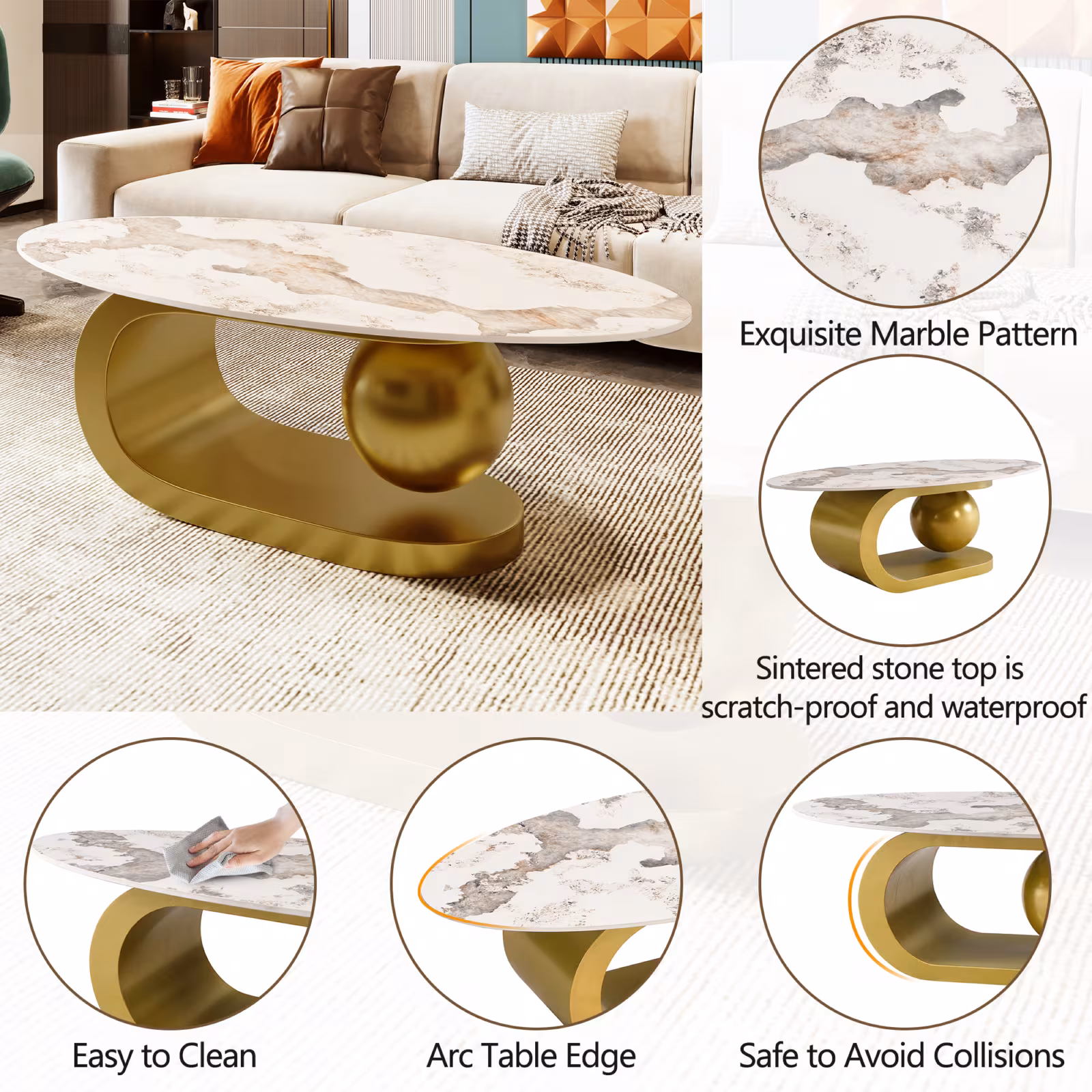 Modern Oval Coffee Table For Living Room, Marble Pattern Sintered Stone Coffee Tabletop With Gold Stainless Steel Base In 47.2