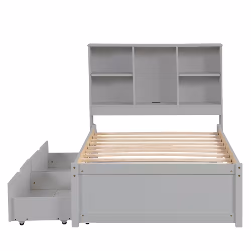 Modern Twin Size Bed Frame With Built-in USB Port On Bookcase Headboard And 2 Drawers For Grey Color