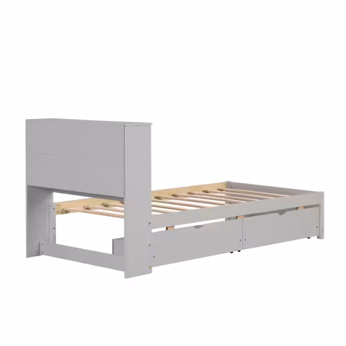 Modern Twin Size Bed Frame With Built-in USB Port On Bookcase Headboard And 2 Drawers For Grey Color