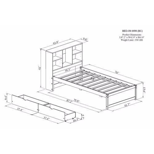 Modern Twin Size Bed Frame With Built-in USB Port On Bookcase Headboard And 2 Drawers For Grey Color