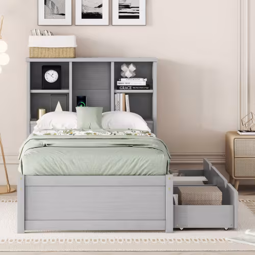 Modern Twin Size Bed Frame With Built-in USB Port On Bookcase Headboard And 2 Drawers For Grey Color