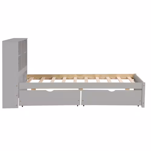 Modern Twin Size Bed Frame With Built-in USB Port On Bookcase Headboard And 2 Drawers For Grey Color