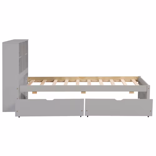 Modern Twin Size Bed Frame With Built-in USB Port On Bookcase Headboard And 2 Drawers For Grey Color
