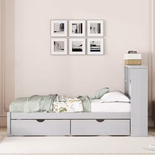 Modern Twin Size Bed Frame With Built-in USB Port On Bookcase Headboard And 2 Drawers For Grey Color