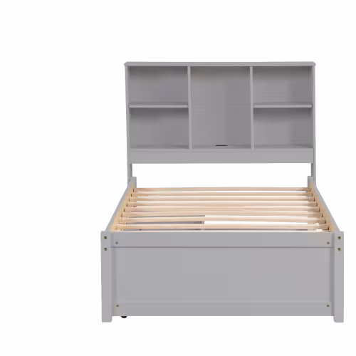 Modern Twin Size Bed Frame With Built-in USB Port On Bookcase Headboard And 2 Drawers For Grey Color
