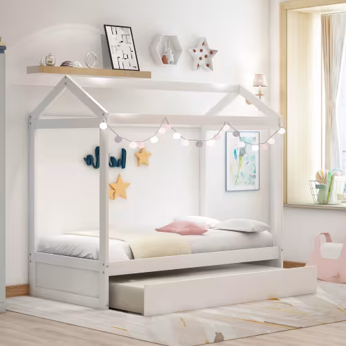 House Bed With Trundle, Can Be Decorated,White