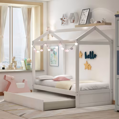 House Bed With Trundle, Can Be Decorated,White