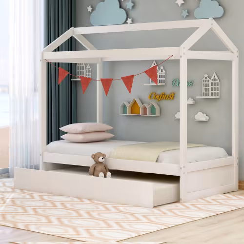 House Bed With Trundle, Can Be Decorated,White