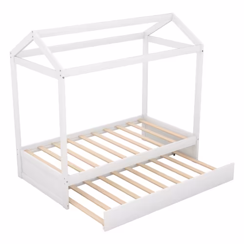 House Bed With Trundle, Can Be Decorated,White
