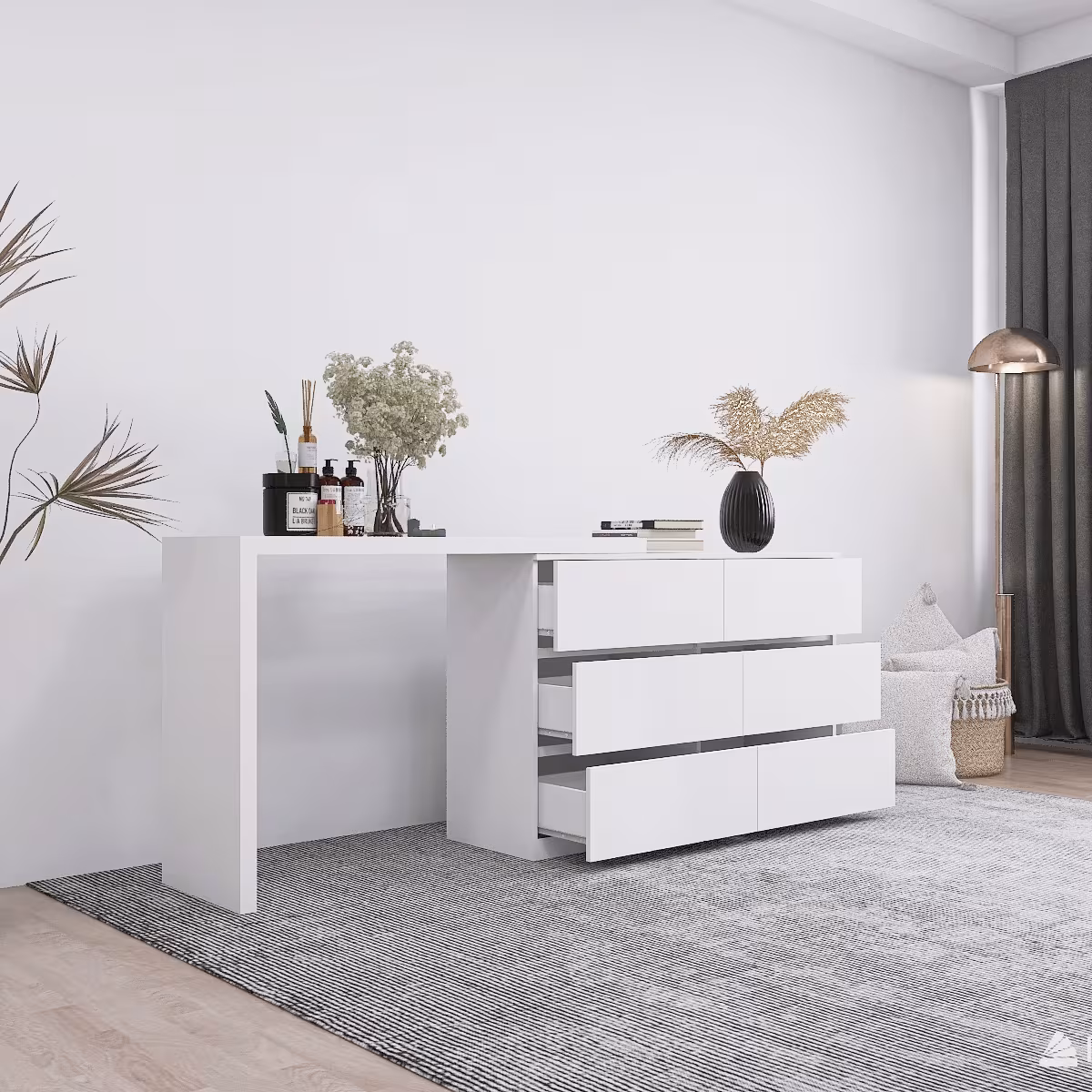 Extended Desktop 6 Drawers Chest Of Drawer Without Handle White Color Vanity