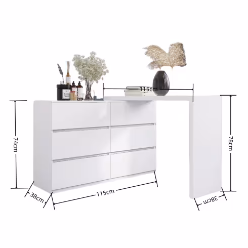 Extended Desktop 6 Drawers Chest Of Drawer Without Handle White Color Vanity