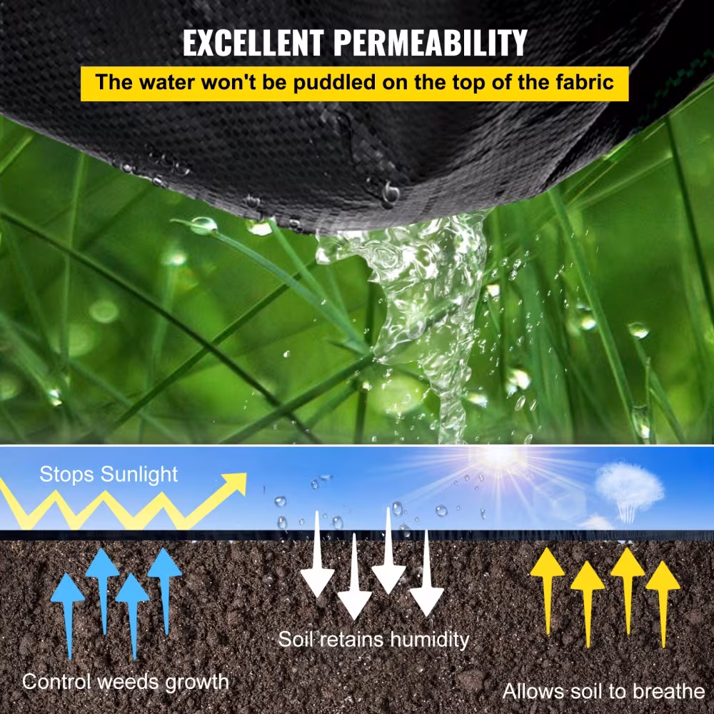 VEVOR 6FTx300FT Premium Weed Barrier Fabric Heavy Duty 3.2OZ, Woven Weed Control Fabric, High Permeability Good For Flower Bed, Geotextile Fabric For Underlayment, Polyethylene Ground Cover