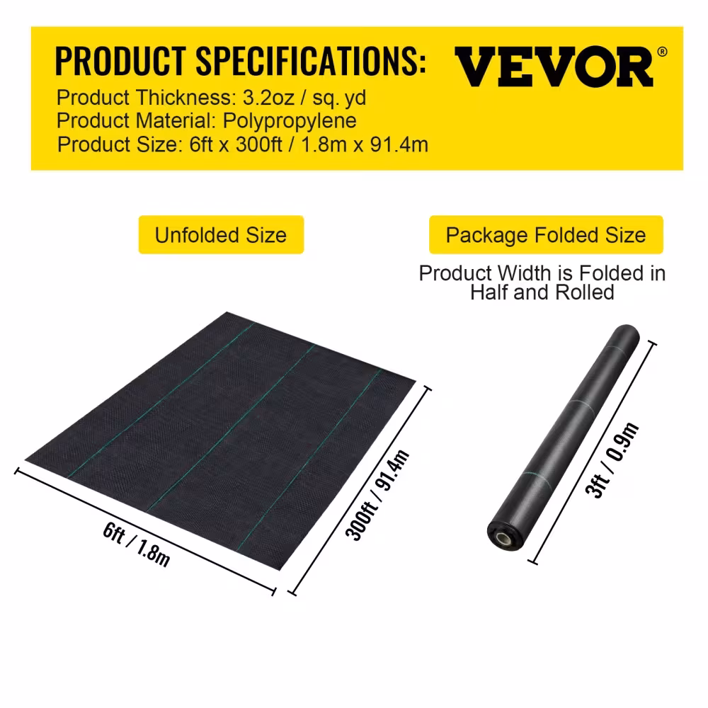 VEVOR 6FTx300FT Premium Weed Barrier Fabric Heavy Duty 3.2OZ, Woven Weed Control Fabric, High Permeability Good For Flower Bed, Geotextile Fabric For Underlayment, Polyethylene Ground Cover