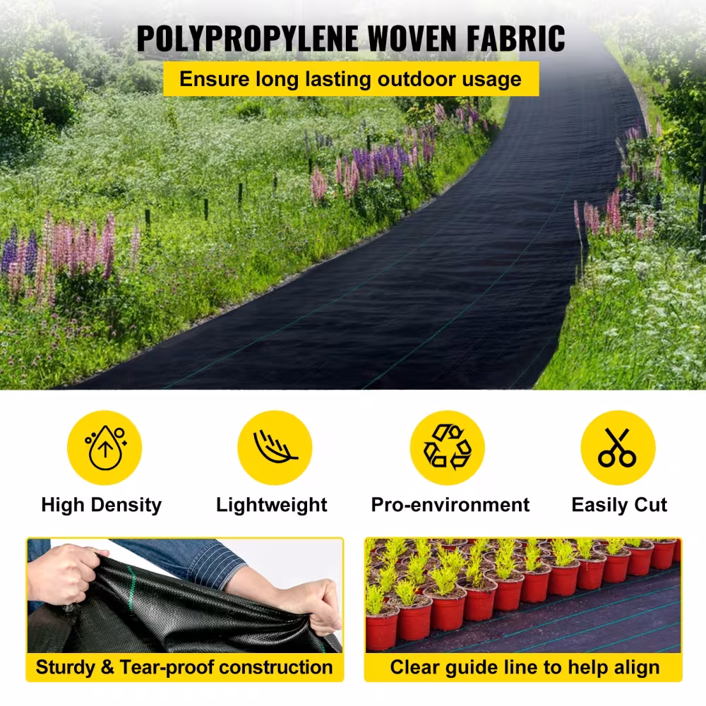 VEVOR 6FTx300FT Premium Weed Barrier Fabric Heavy Duty 3.2OZ, Woven Weed Control Fabric, High Permeability Good For Flower Bed, Geotextile Fabric For Underlayment, Polyethylene Ground Cover