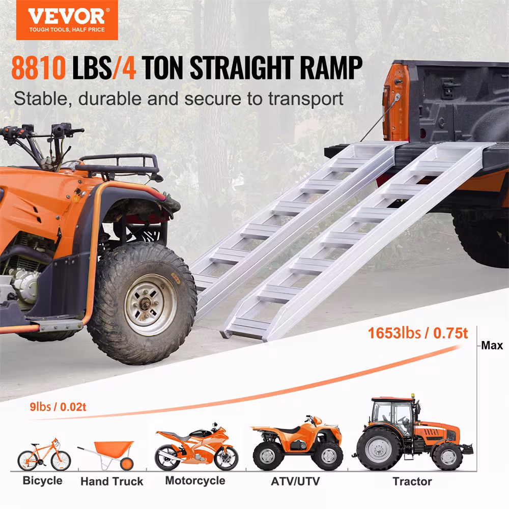 VEVOR Aluminum Ramps, 8810 Lbs, Heavy-duty Ramps With Top Hook Attaching End, Universal Loading Ramp For Motorcycle, Tractor, ATV UTV, Trucks, Lawn Mower, 72inL X 15inW, 2Pcs