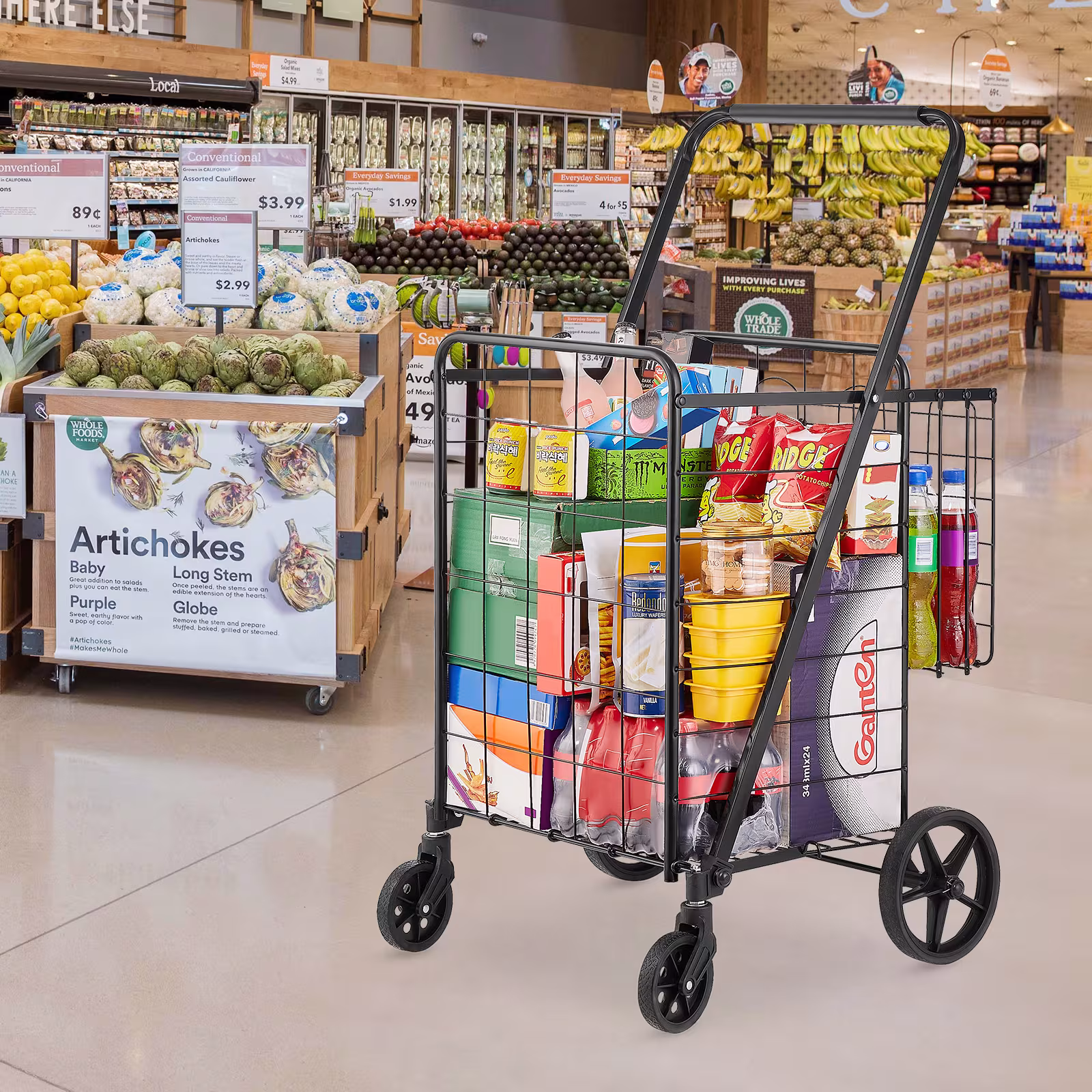 VEVOR Folding Shopping Cart, Jumbo Grocery Cart With Double Baskets, 360Swivel Wheels, Heavy Duty Utility Cart, 110 LBS Large Capacity Utility Cart For Laundry, Shopping, Grocery, Luggage