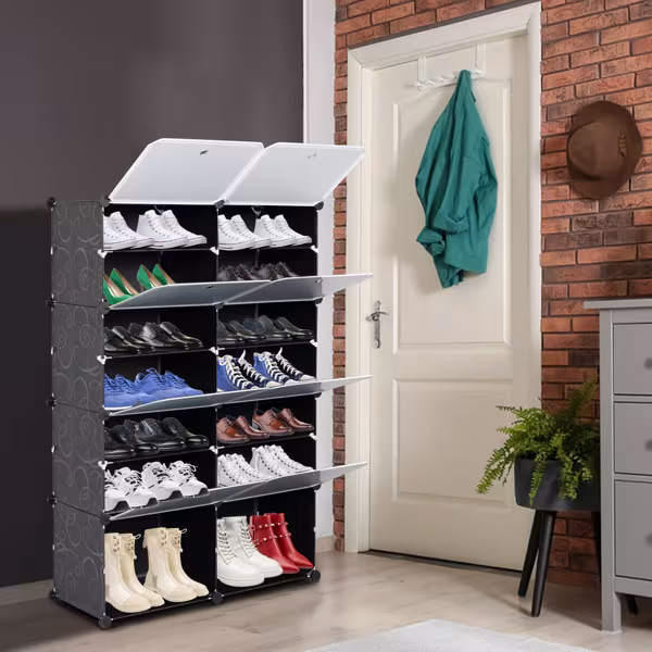 2 Rows, 7 Layers, 14 Compartments, Semi Transparent Doors, Black Patterned Cabinet Body