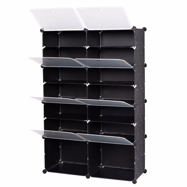 2 Rows, 7 Layers, 14 Compartments, Semi Transparent Doors, Black Patterned Cabinet Body
