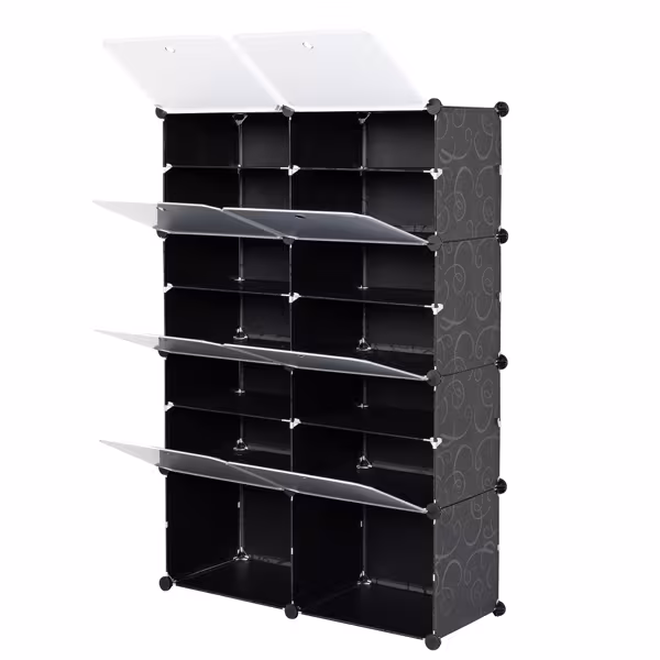 2 Rows, 7 Layers, 14 Compartments, Semi Transparent Doors, Black Patterned Cabinet Body