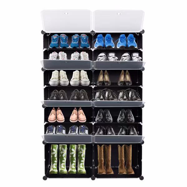 2 Rows, 7 Layers, 14 Compartments, Semi Transparent Doors, Black Patterned Cabinet Body