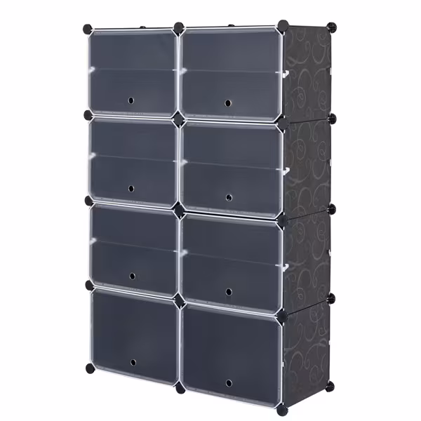 2 Rows, 7 Layers, 14 Compartments, Semi Transparent Doors, Black Patterned Cabinet Body