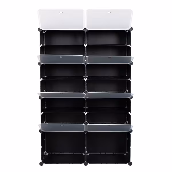 2 Rows, 7 Layers, 14 Compartments, Semi Transparent Doors, Black Patterned Cabinet Body