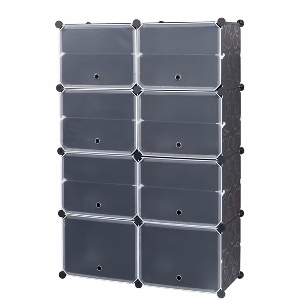 2 Rows, 7 Layers, 14 Compartments, Semi Transparent Doors, Black Patterned Cabinet Body