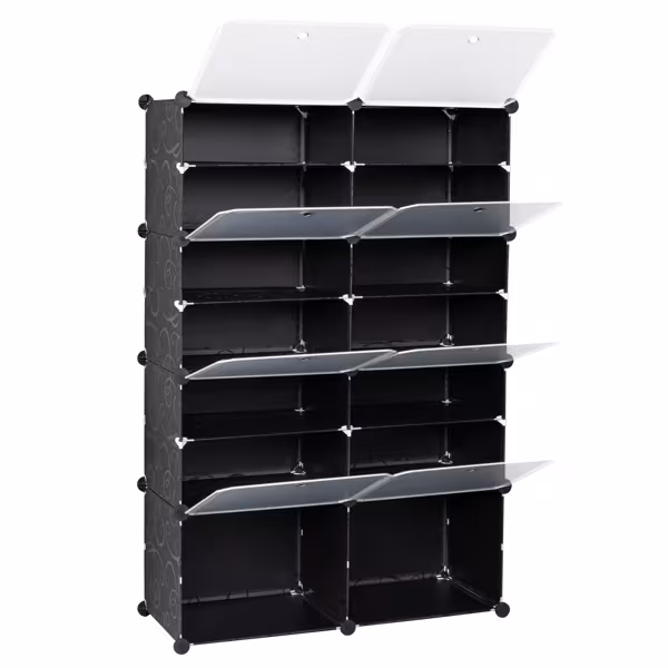 2 Rows, 7 Layers, 14 Compartments, Semi Transparent Doors, Black Patterned Cabinet Body