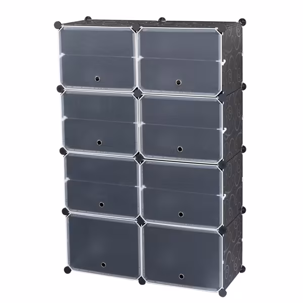 2 Rows, 7 Layers, 14 Compartments, Semi Transparent Doors, Black Patterned Cabinet Body