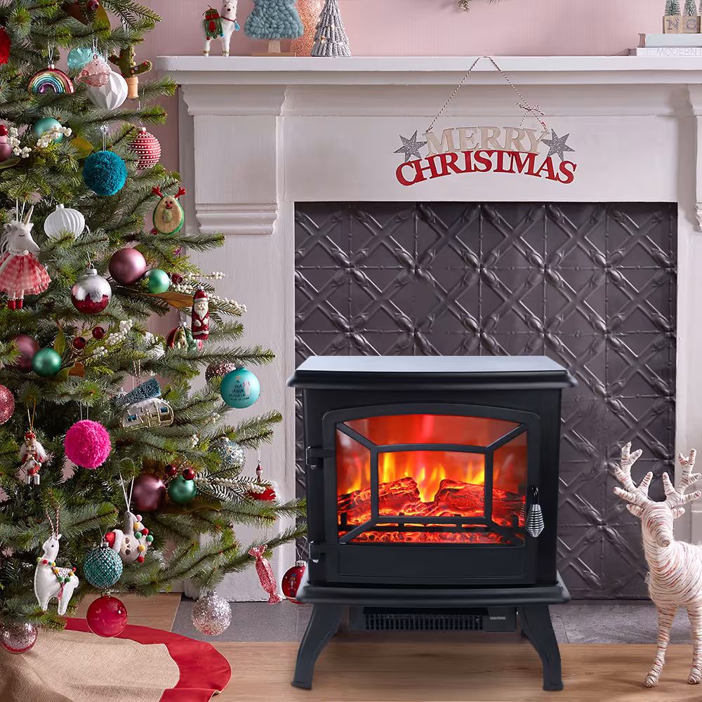 US SF507-17 120V 1400W 17in Fireplace, Black, Iron Sheet, Freestanding-Fake Firewood-Heating Wire