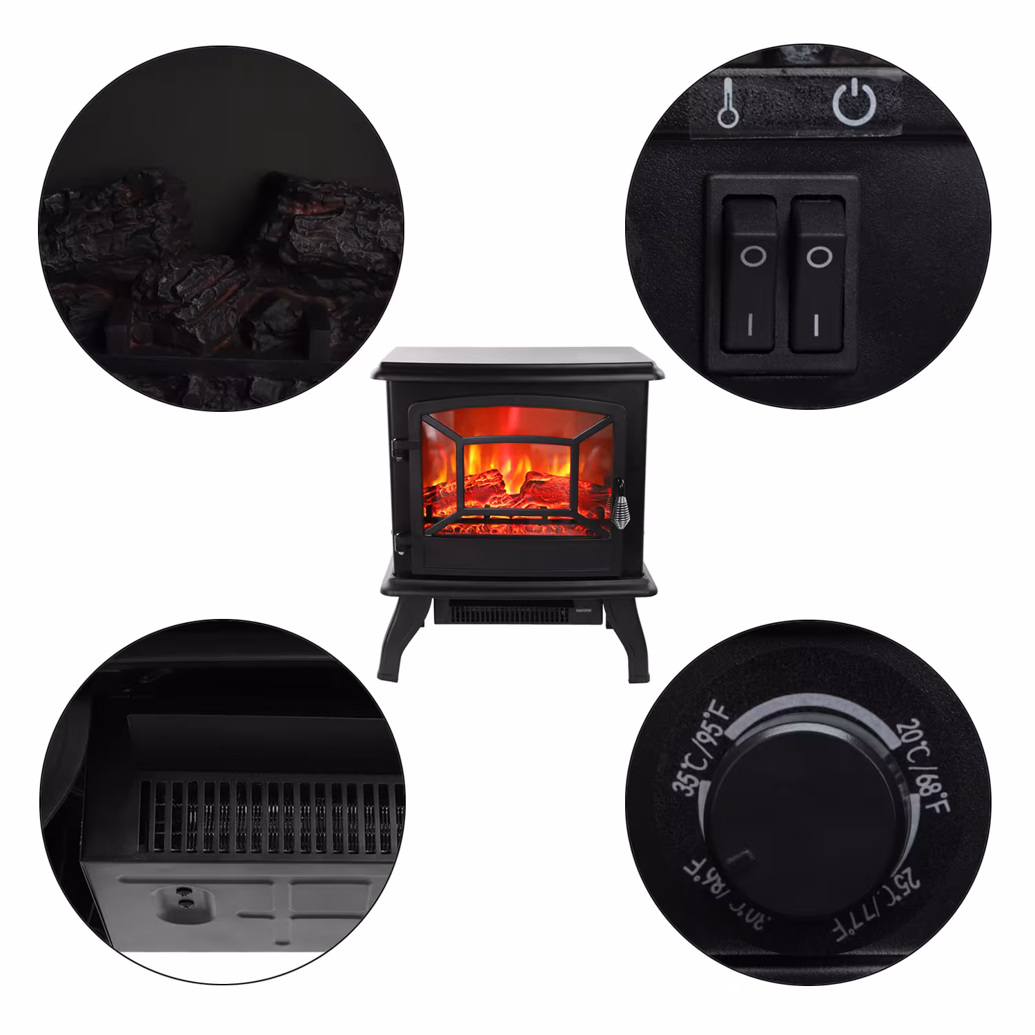 US SF507-17 120V 1400W 17in Fireplace, Black, Iron Sheet, Freestanding-Fake Firewood-Heating Wire