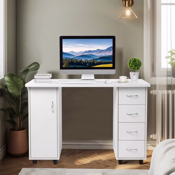 White 120X54X81cm One Door Four Drawers Computer Desk Nail Art Table 1PC