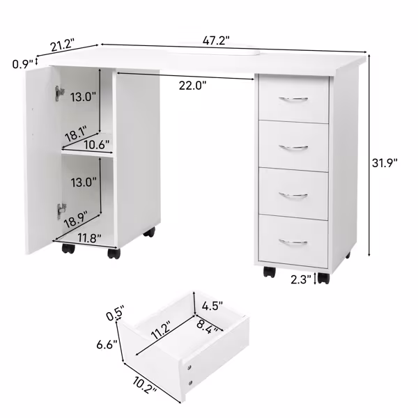 White 120X54X81cm One Door Four Drawers Computer Desk Nail Art Table 1PC