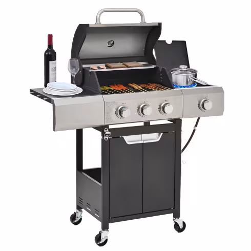 Propane Grill 3 Burner Barbecue Grill Stainless Steel Gas Grill With Side Burner And Cover For Outdoor BBQ, Camping