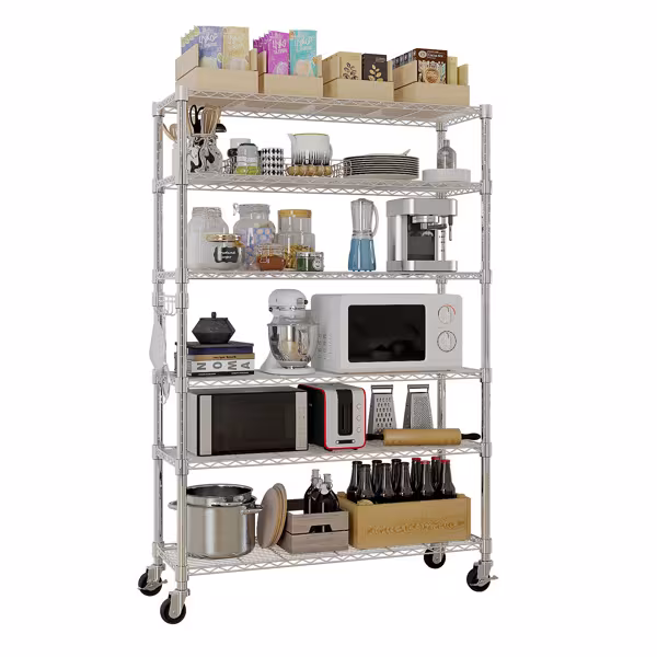Six-layer Free Combination And Disassembly With 1 Row Of Side Hooks With Adjusting Feet And Wheels Iron Can Freely Adjust The Spacing Of Layers Household Shelves 117X45X208cm Baked Lacquered Silver