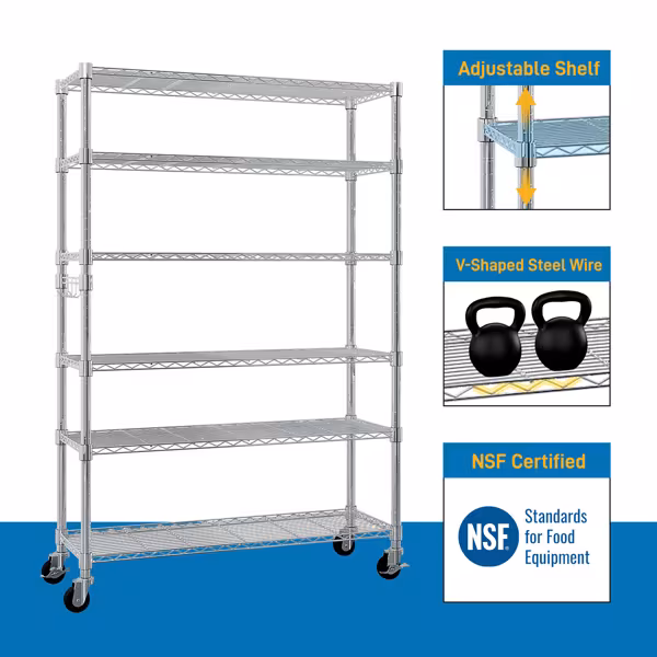 Six-layer Free Combination And Disassembly With 1 Row Of Side Hooks With Adjusting Feet And Wheels Iron Can Freely Adjust The Spacing Of Layers Household Shelves 117X45X208cm Baked Lacquered Silver