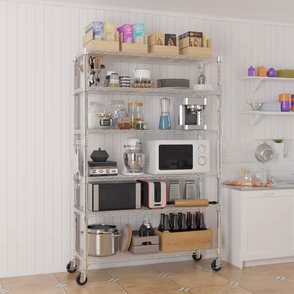 Six-layer Free Combination And Disassembly With 1 Row Of Side Hooks With Adjusting Feet And Wheels Iron Can Freely Adjust The Spacing Of Layers Household Shelves 117X45X208cm Baked Lacquered Silver