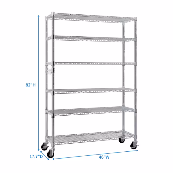 Six-layer Free Combination And Disassembly With 1 Row Of Side Hooks With Adjusting Feet And Wheels Iron Can Freely Adjust The Spacing Of Layers Household Shelves 117X45X208cm Baked Lacquered Silver