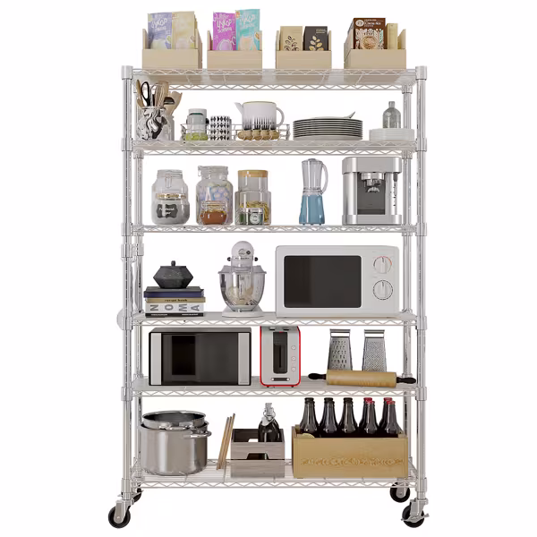 Six-layer Free Combination And Disassembly With 1 Row Of Side Hooks With Adjusting Feet And Wheels Iron Can Freely Adjust The Spacing Of Layers Household Shelves 117X45X208cm Baked Lacquered Silver