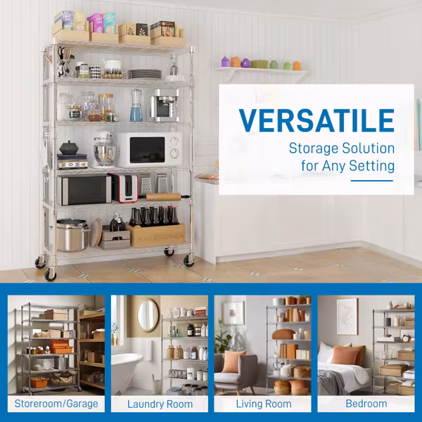 Six-layer Free Combination And Disassembly With 1 Row Of Side Hooks With Adjusting Feet And Wheels Iron Can Freely Adjust The Spacing Of Layers Household Shelves 117X45X208cm Baked Lacquered Silver