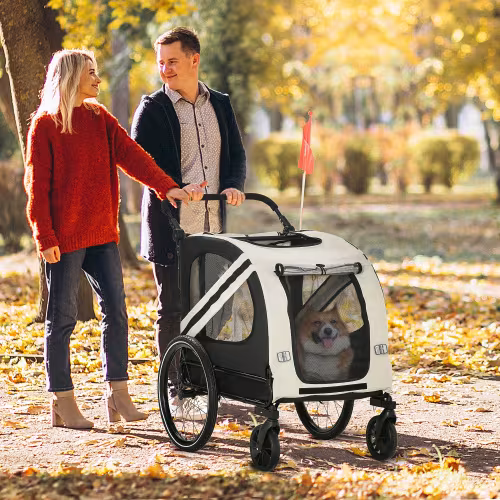 Aosom 2-in-1 Pet Bike Trailer For Small Dogs, Road-Visibility Bicycle Stroller, Weather-Strong Bike Wagon Trailer Sidecar Attachment, White