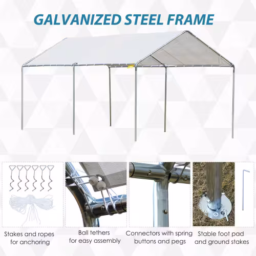 Outsunny 10x20 Carport Heavy Duty Galvanized Car Canopy With Included Anchor Kit, 3 Reinforced Steel Cables, White