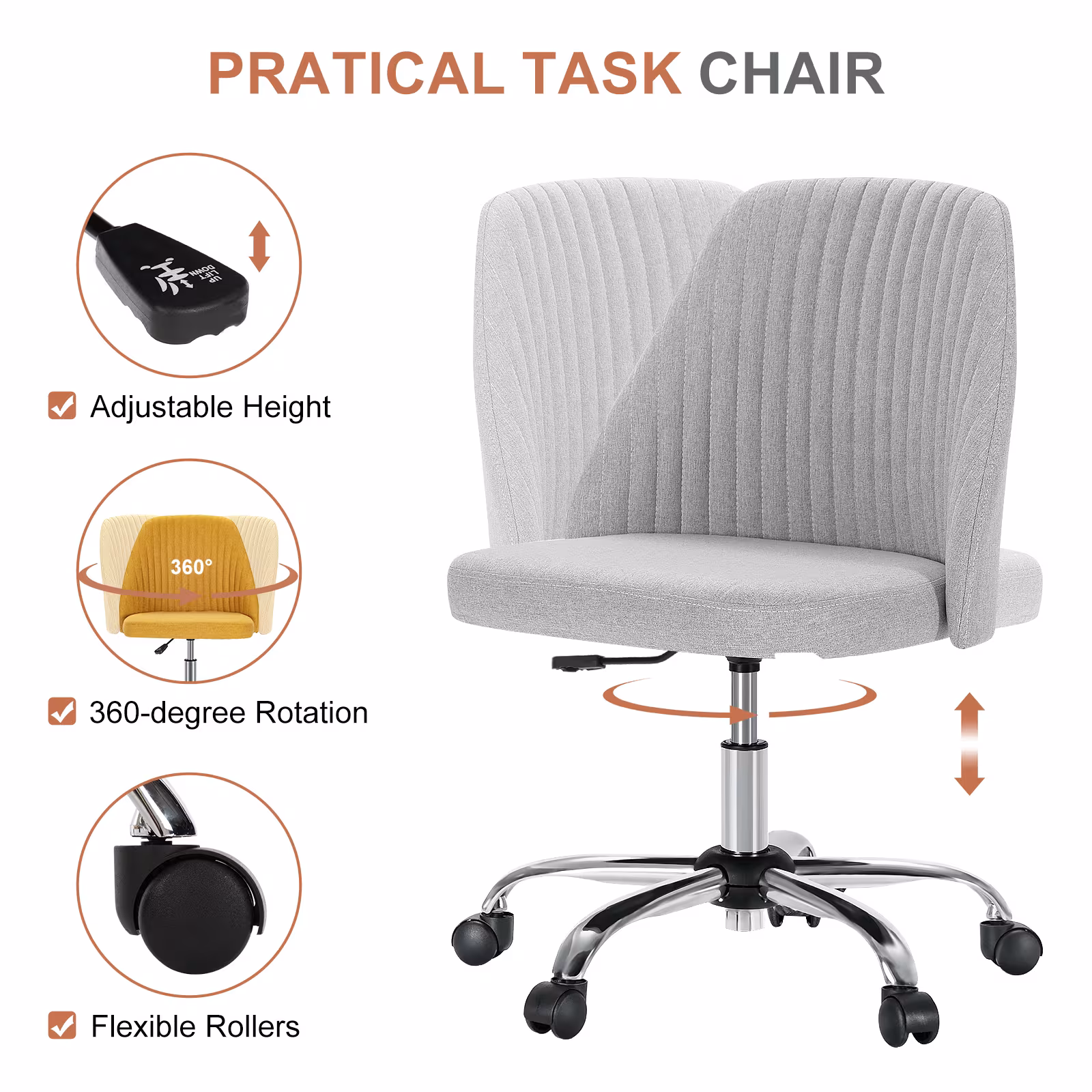 Modern Fabric Armless Adjustable Swivel Office Desk Chairs With Wheels