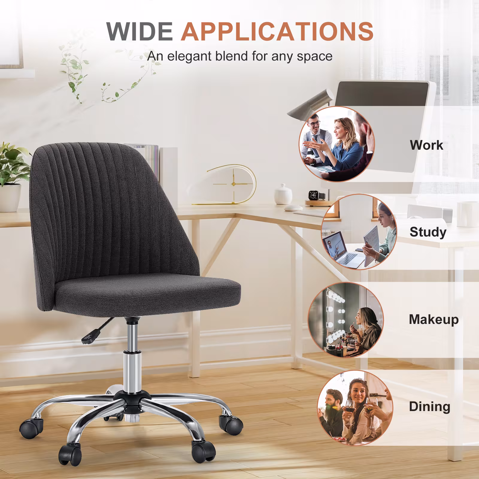 Modern Fabric Armless Adjustable Swivel Office Desk Chairs With Wheels
