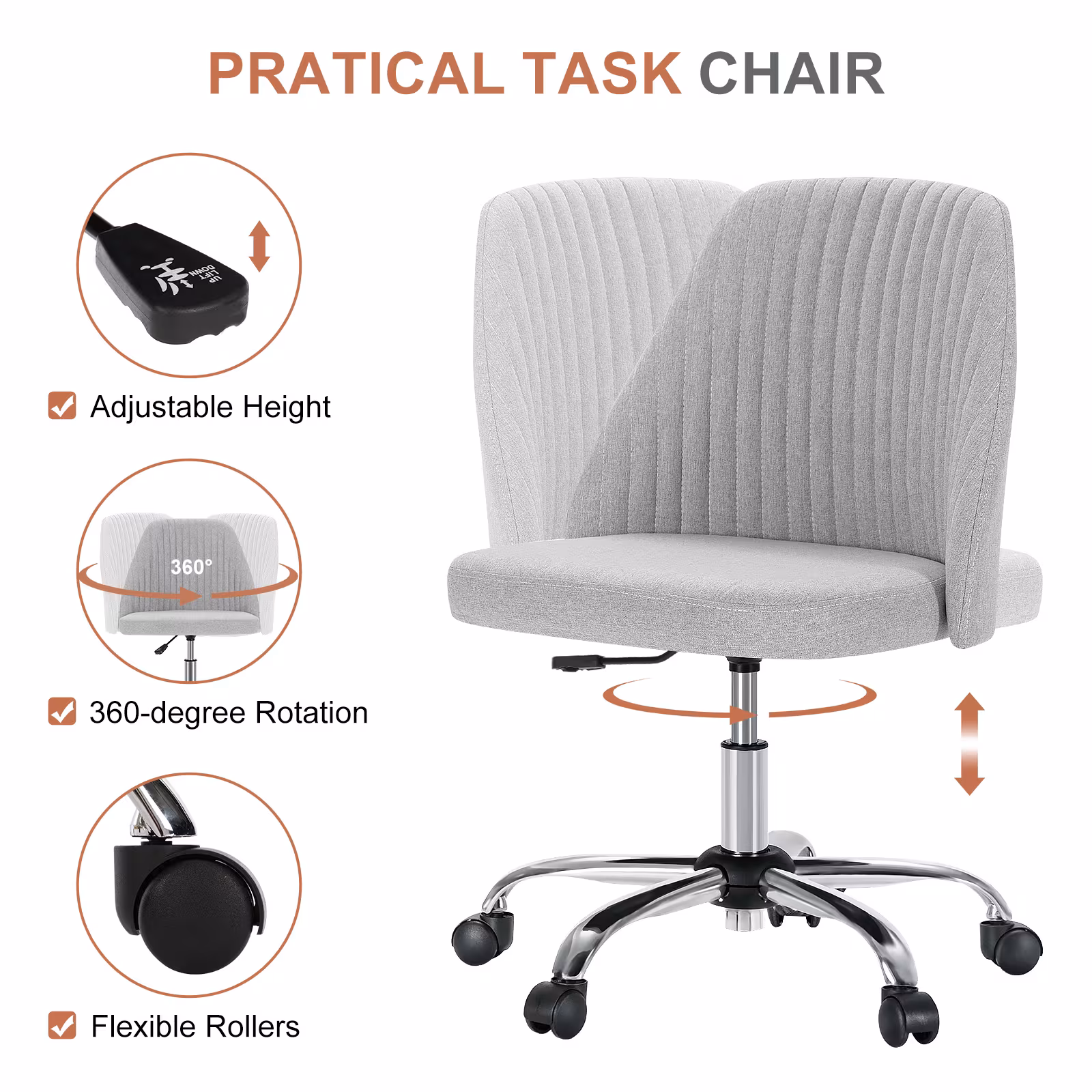 Modern Fabric Armless Adjustable Swivel Office Desk Chairs With Wheels
