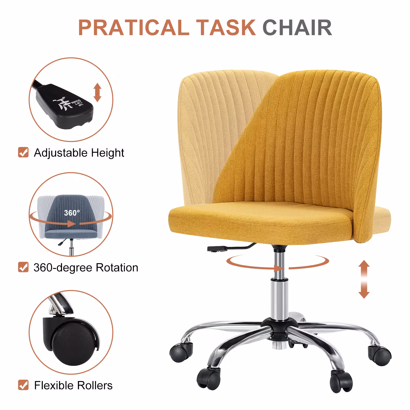 Modern Fabric Armless Adjustable Swivel Office Desk Chairs With Wheels